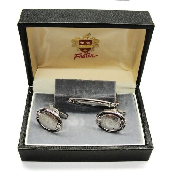 Foster Cufflinks Set Tie Bar Silver Tone Textured Finish Shirt Suit Vintage IOB - Picture 2 of 9